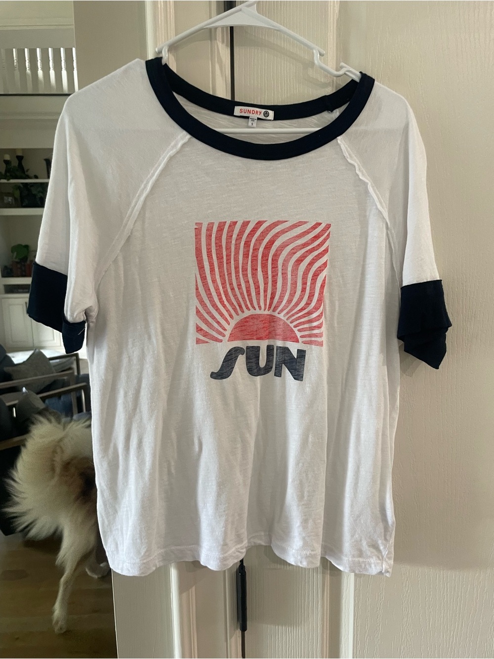 Sundry White Ringer Tee with Navy Trim and Coral Graphic